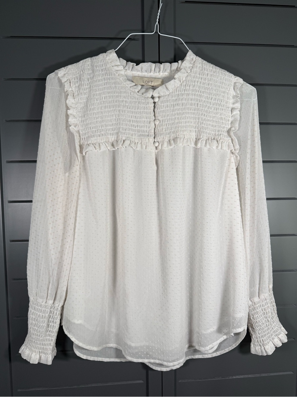LOFT White Swiss Dot Smocked Ruffle Blouse Size Small - Picture 2 of 10